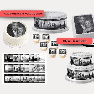 Envoltura de pastel comestible con forma de rollo de película de cámara personalizada, con imágenes personalizadas. Collage de fotos de cumpleaños con borde de cinta.