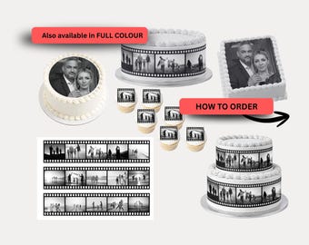 Personlig kamerafilmrulle ätbar glasyr tårtdekoration med dina egna skräddarsydda bilder. Bandkant födelsedag fotocollage present