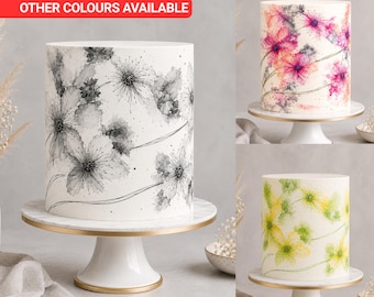Pink and Purple Watercolour Floral Edible Cake Wrap, Icing Sheet Cake Decoration, Cake Topper Ribbon, Floral Cake Design Wrap Around
