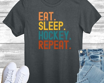 Retro Style Eat Sleep Hockey Repeat T-Shirt, Vintage Sunset Ice Game Top, Distressed Hockeyist Shirt, Tee for Game Lover, Gift for Mum, Dad.