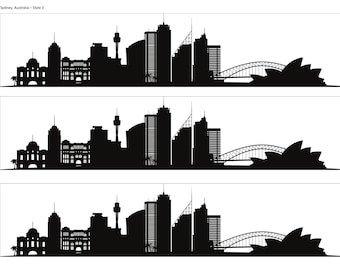 2 o 3 tiras de silueta del horizonte de Sydney (Australia), glaseado comestible, envoltura para pastel impresa, borde de cinta, banda lateral para pastel, ciudad en blanco y negro