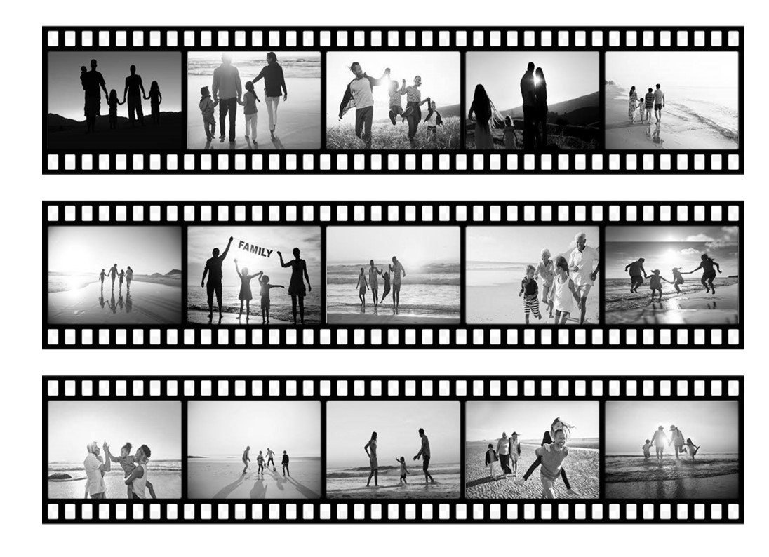 Personalised Camera Film Reel Edible Icing Cake Wrap Topper with Your Own Bespoke Images. Ribbon Border Birthday Photo Collage Gift
