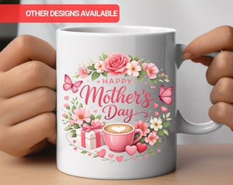 Happy Mother's Day Mug, Floral Mum Coffee Cup, Cute Pink Butterfly Gift for Mom, Mothers Day Gift from Kids, Ceramic Mug, Gift for Mama