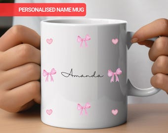 Pink Bows and Hearts Personalised Name Mug, Custom Name Mug, Customised Coffee Cup, Gift for Friend, Bridesmaid Gift, Tea Lover Gift for