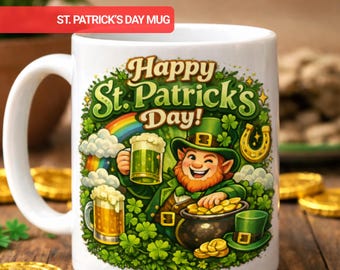 Happy St Patricks Day Mug, Custom Irish Leprechaun Coffee Cup, Lucky Shamrock Green Beer Gift, Funny St Paddys Day Mug, Green Clover Mug