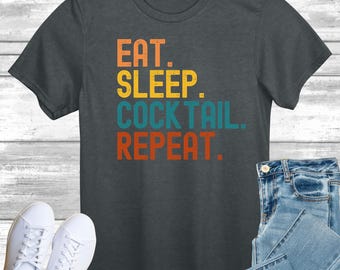 Retro Style Eat Sleep Cocktail Repeat T-Shirt, Vintage Sunset Alcohol Drinking Top, Distressed Malibu Shirt, Tee for Drinks Lover, Gift for