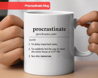 Procrastinate Definition Mug, Funny Dictionary Coffee Cup, Office Humour Gift, Sarcastic Coworker Present, Student Mug, Gift for Colleague