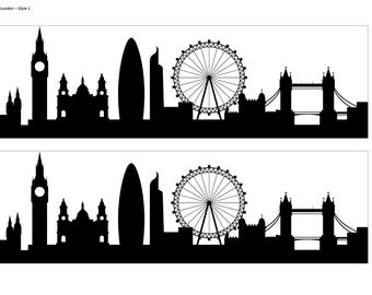 2 o 3 tiras de silueta del horizonte de Londres, glaseado comestible impreso, adorno para envolver pasteles, borde de cinta, banda lateral para pastel, silueta en blanco y negro.