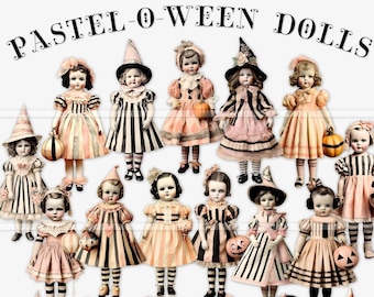 May include: A collection of 18 vintage Halloween dolls dressed in pastel pink and black striped dresses. The dolls are holding pumpkins and some are wearing witch hats.