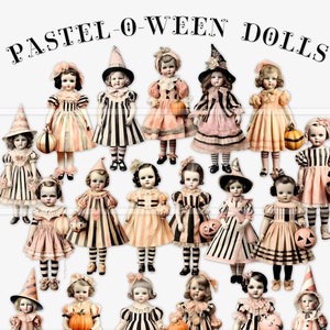 Halloween paper dolls, printable, junk journal kit, digital ephemera, vintage dolls, scrapbook elements, card making, Halloween decor crafts