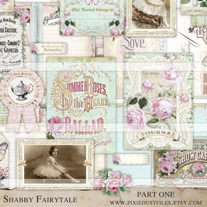 Kit de diario basura shabby imprimible, imágenes vintage rosas, efímeras, sobres, etiquetas, hojas de collage, scrapbooking shabby chic Un cuento de hadas shabby