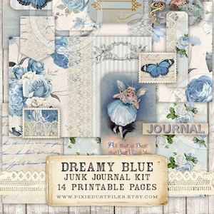 Kit di diario spazzatura BLU da sogno, pagine di diario stampabili, tag, tasche, farfalle, fate, effimero vintage, fogli di collage digitali