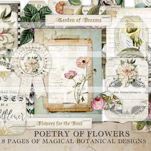 Junk Journal Kit Vintage ephemera afdrukbare botanische tuinafbeeldingen bloemen dagboekpagina's zakken tags junk journal levert digitaal papier