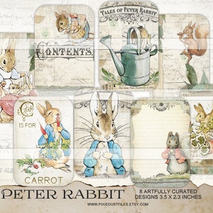 Kit numérique feuille de collage imprimable Peter Rabbit Junk Journal, carte de journalisation Beatrix Potter, étiquette volante vintage éphémères à télécharger, création en papier