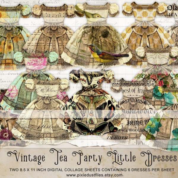 Printable Little Dresses Junk Journal Kit Digital Collage Sheet Fussy Cut Vintage Girls Dress Images Hang Tags Collage Sheet Ephemera