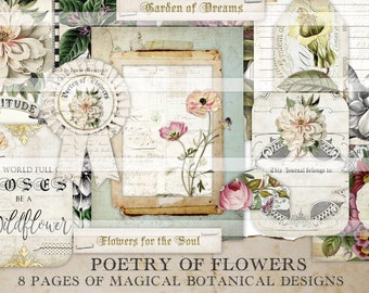 Botanical Junk Journal Kit - Printable Vintage Floral Images - Antique Flower Ephemera - Garden Themed Journal - Digital Collage Sheets