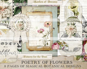 Botanical Junk Journal Kit: Flower Ephemera, Printable Pages (Digital)