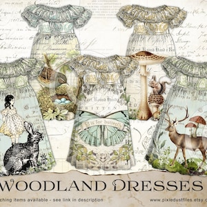 May include: Five digital paper designs featuring woodland-themed dresses with various nature-inspired details, including a bird's nest, mushrooms, a deer, a squirrel, and a rabbit. The text "Woodland Dresses" is at the bottom of the image.