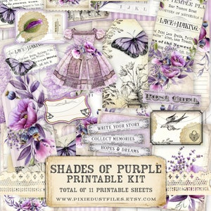 Kit de diário lixo roxo, papéis para impressão, páginas, coisas efêmeras, etiquetas de registro no diário, cartões, bolsos, papel vintage, folhas de colagem, scrapbooking