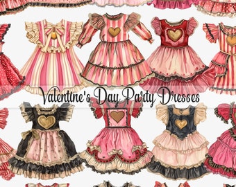 Valentine's Day Party Dresses, junk journal ephemera, digital download, paper doll dresses, scrapbook, card making, vintage printable images