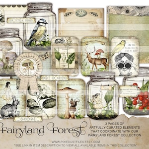 Woodland Junk Journal Kit imprimable Fairyland Forest Animals Nature thème feuille de collage numérique vintage oiseaux et fées étiquettes de journal
