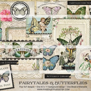 Junk Journal Printable Kit Butterflies and Fairies Digital Vintage Paper Pockets Tags This Journal Belongs to Label Gratitude Journal Cover