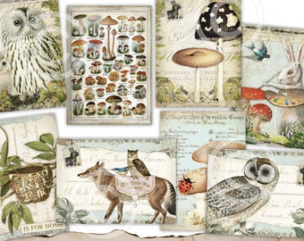 Printable Junk Journal Kit mushrooms digital ephemera pack bullet journal vintage stationery journaling cards fairyland forest owls fox digi