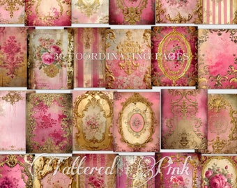 Tattered Pink, páginas de diário de lixo, papéis digitais, efêmeras, scrapbooking, criação de cartões, suprimentos de diário de lixo, download digital para impressão