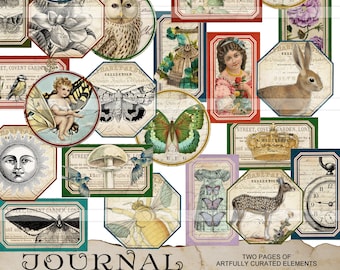 Junk journal labels, kit, embellishments, digital vintage images, butterflies, animals, fairy, scrapbooking, paper crafts, collage sheet