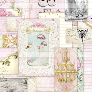 kit efímero de diario basura imprimible, papeles shabby chic, efímera vintage, rosa y oro, hojas de collage de papel digital suministros de revistas basura
