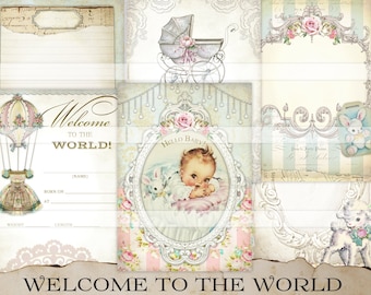 Op de afbeelding: Zes printbare ontwerpen voor een babyshower of een geboorteaankondiging. De ontwerpen bevatten een luchtballon, een kinderwagen, een baby in een wieg en een konijn. De ontwerpen zijn in vintage stijl met pastelkleuren en bloemmotieven. De tekst "Welkom op de wereld" is in het ontwerp opgenomen.