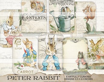 Peter Rabbit Printable Collage Sheet Junk Journal digital kit Beatrix Potter Journaling cards hang tag vintage ephemera download paper craft