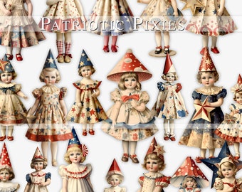 Patriotic Pixie Dolls, 4th of July junk journal kit, printable, vintage dolls, July 4th crafts card making scrapbooking paper red white blue
