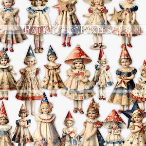 Patriotic Pixie Dolls, 4th of July junk journal kit, printable, vintage dolls, July 4th crafts card making scrapbooking paper red white blue