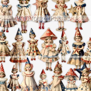 Vaterländischen Pixie Dolls, 4.Juli Junk Journal Kit, zum ausdrucken, vintage Puppen, 4.Juli Handwerk Kartenherstellung Scrapbooking Papier rot weiß blau