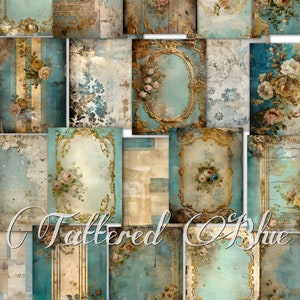 Tattered Blue junk journal kit, digital papers, blue printable journal pages, journaling papers, digital download, card making, ephemera