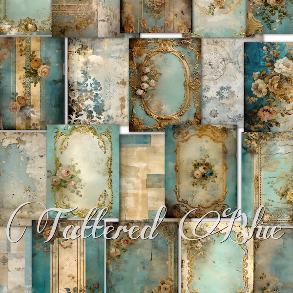 Tattered Blue junk journal kit, digital papers, blue printable journal pages, journaling papers, digital download, card making, ephemera