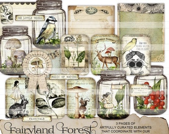 Woodland Junk Journal Printable Kit Fairyland Forest Animals Nature themed digital collage sheet vintage bird and fairy images journal tags