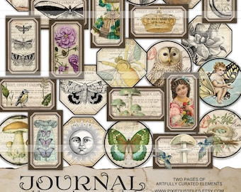 Printable Vintage Labels, junk journal words, butterflies, embellishments, botanical images, antique ephemera, digital collage sheet