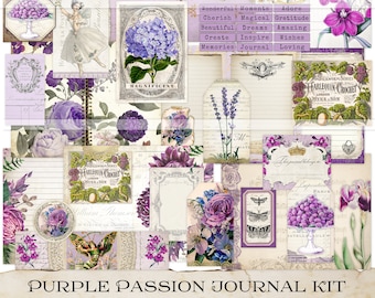 Purple junk journal kit digital vintage ephemera pack printable papers collage sheets lavender botanical Ballerina words scrapbook pages