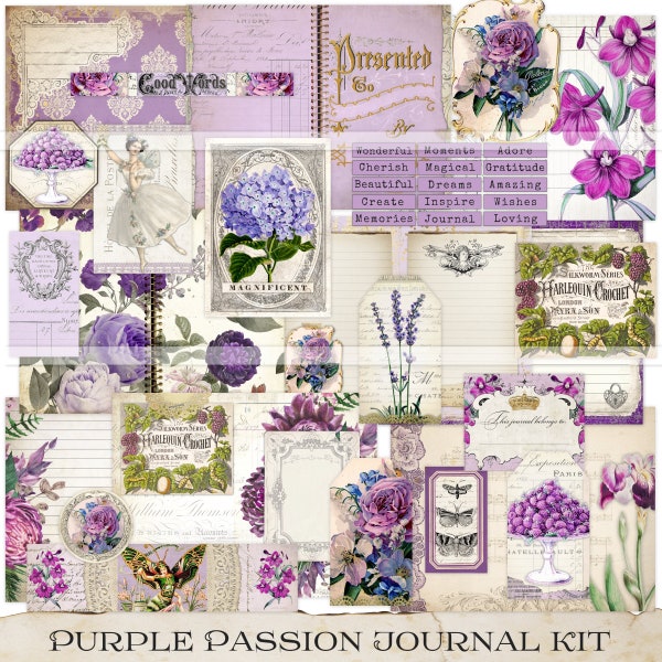 Purple junk journal kit digital vintage ephemera pack printable papers collage sheets lavender botanical Ballerina words scrapbook pages