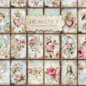 May include: A collection of 15 foldable pages with a vintage aesthetic. Each page features religious imagery, including portraits, crowns, hearts, and roses, set against a light blue background. The word "HEAVENLY" is displayed prominently.
