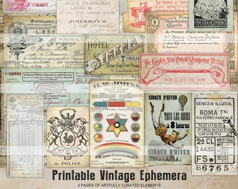 digital junk journal ephemera, printable junk journal kit, journaling supplies, vintage images, card making, collage, scrapbooking, tags