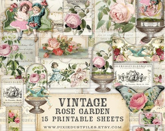 Zestaw Vintage Roses Junk Journal, drukowane materiały do dziennika, strony, okładka, koperty, kieszenie, metki, shabby chic, papier do pobrania cyfrowego