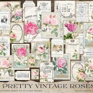 Cartões de diário vintage com rosas, itens para anotações, kit de diário Shabby Chic, conjunto de folhas para colagem, imagens de rosas, materiais para colagem, etiquetas