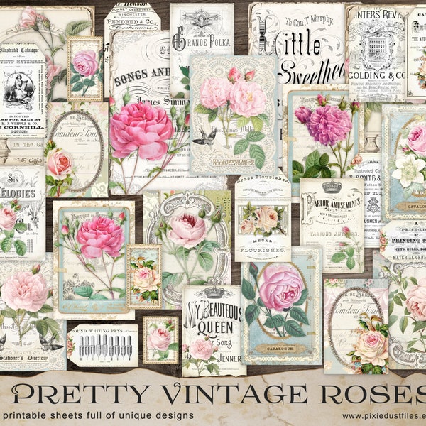 Vintage Roses Junk Journal Cards, Journaling Ephemera, Shabby Chic journal kit, collage sheet bundle, rose images, collage supplies, tags
