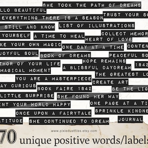 printable junk journal words, quotes, positive affirmations, inspirational sayings, digital collage sheet, scrapbooking, vintage ephemera