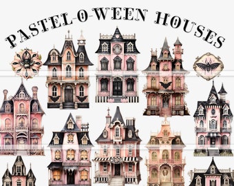 以下が含まれることがあります： パステルピンクと黒のハロウィンハウス12軒をデジタルコラージュしたものです。コウモリ、カボチャ、不気味な看板など、さまざまなディテールが施されています。看板には、「Poisonous」、「Do Not Enter」、「Don't Look Back」と書いてあります。