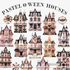 Pastelowe domy nawiedzone Halloween, zestaw do drukowania dzienników śmieci, cyfrowe pamiątki, papier na Halloween, scrapbooking, tworzenie kartek, kolaż, vintage