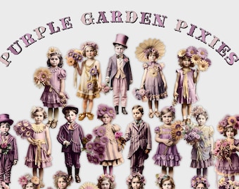 Purple Garden Pixies, Vintage Children Ephemera (Digital Download)
